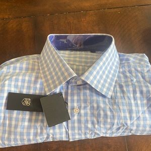 Men’s Le Vinas Blue Checkered Dress Shirt Xl 17/17.5